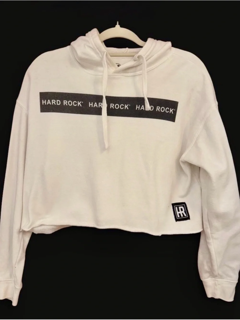 Hard Rock Cafe White Cropped Hoodie with Black Logo